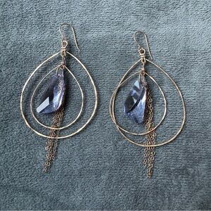 Gold and lavender boho drop earrings with double hoops and drop chain